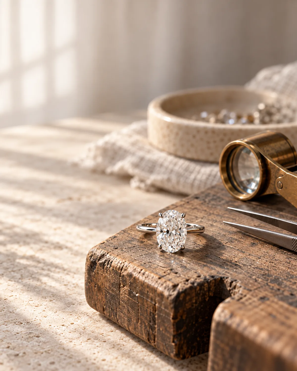 Platinum solitaire with a natural oval diamond on a jeweler's bench pin in soft morning light