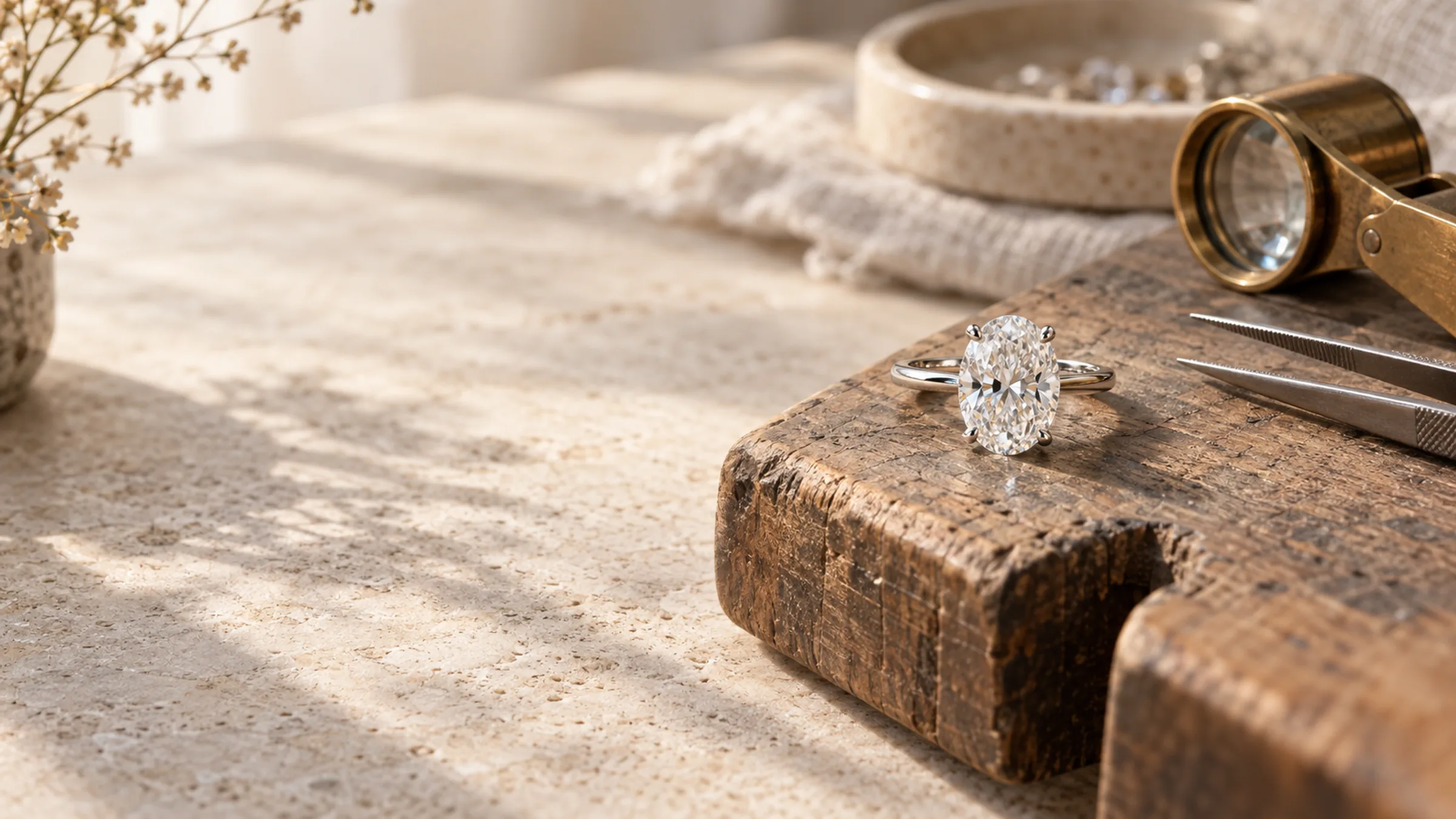 Platinum solitaire with a natural oval diamond on a worn wooden jeweler's bench pin, beside a brass loupe and tweezers